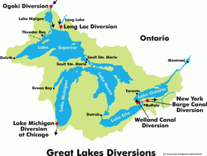 Five diversions, like the Welland Canal between lakes Erie and Ontario, already have a hand in controlling Great Lakes water levels.  Illustration: US Army Corps of Engineers