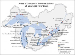Forty-three Great Lakes toxic hot spots were identified by the U.S. and Canada as Areas of Concern. Click for EPA Web site.