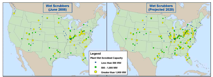 United States Environmental Protection Agency officials expect more than 60 percent of energy generated by coal-fired power plants have devices that limit air pollution called scrubbers. Map: EPA.