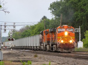 A freight train used to transport coal passes though Durand, Mich. More than half of coal used for electricity is moved by rail. Photo: amtrak_russ. 