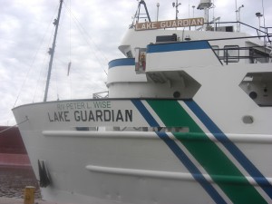 Researchers with the EPA use the Lake Guardian to tow the Triaxus through Great Lakes waters.  Photo by Kimberly Hirai.