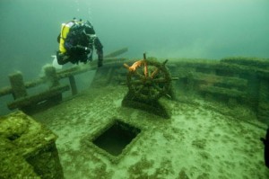 This wreck site is the two-masted schooner F.T. Barney, which was built in 1850 and sank in 1874, and lies approximately four miles off Rogers City