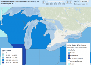 The map indicates the percentages of major facilities with air quality violations in 2012. Photo: Environmental Protection Agency.