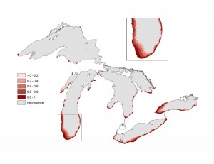 A map of the Great Lakes showing levels of light pollution across the region, with the highest concentrations near Chicago, Ill., Cleveland, Ohio and Toronto, Ontario. Great Lakes Environmental Assessment and Mapping project image.