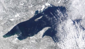 A satellite photo of Lake Superior taken March of 2012 shows very little ice on the lake. Photo: NOAA/ Space Science and Engineering Center, University of Wisconsin-Madison.