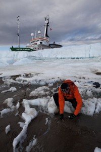 Dr. Jason Box gathers samples of cryocronite (impurities on the ice's surface) for analysis from the Petermann glacier in Greeland. Photo: Jason Box.