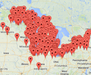 This map shows each project in the database showcasing Great Lakes Restoration Database