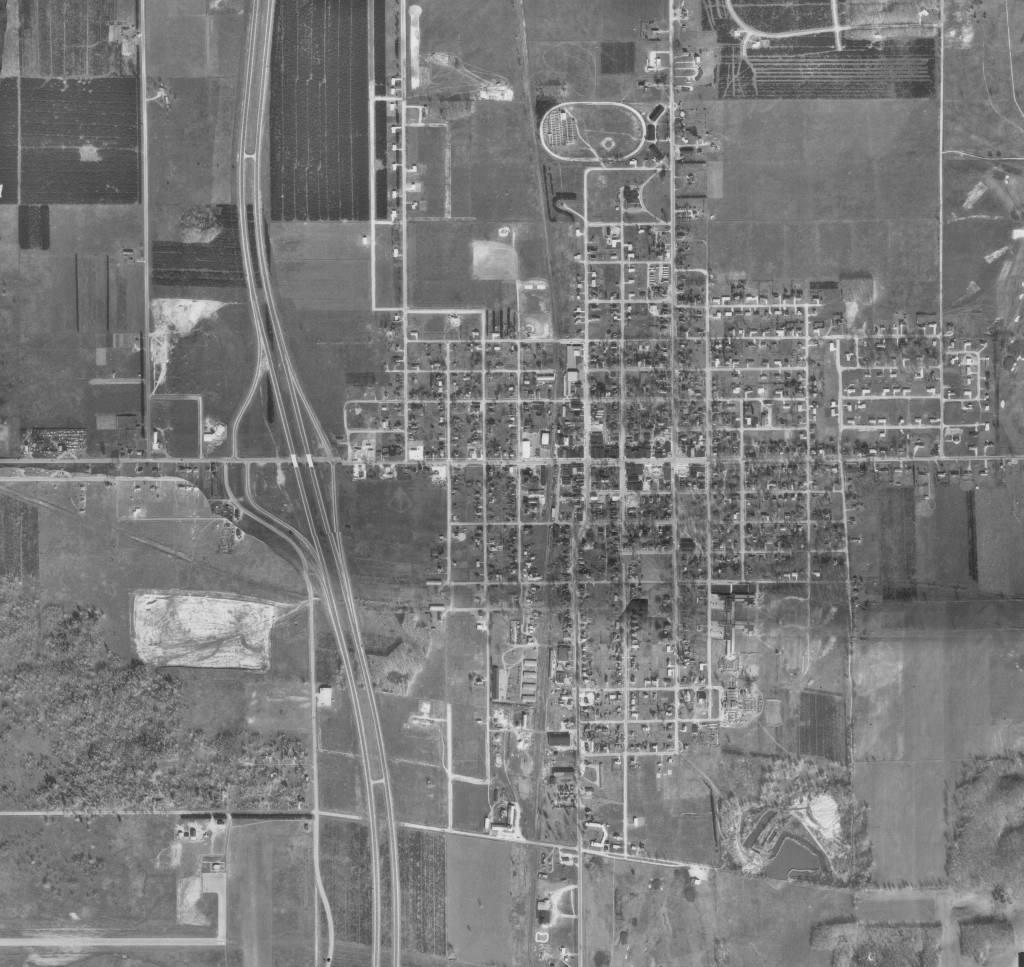 Gaylord, 1963. I-75 has been built and intersects at M-32. The west side of the expressway is still undeveloped.