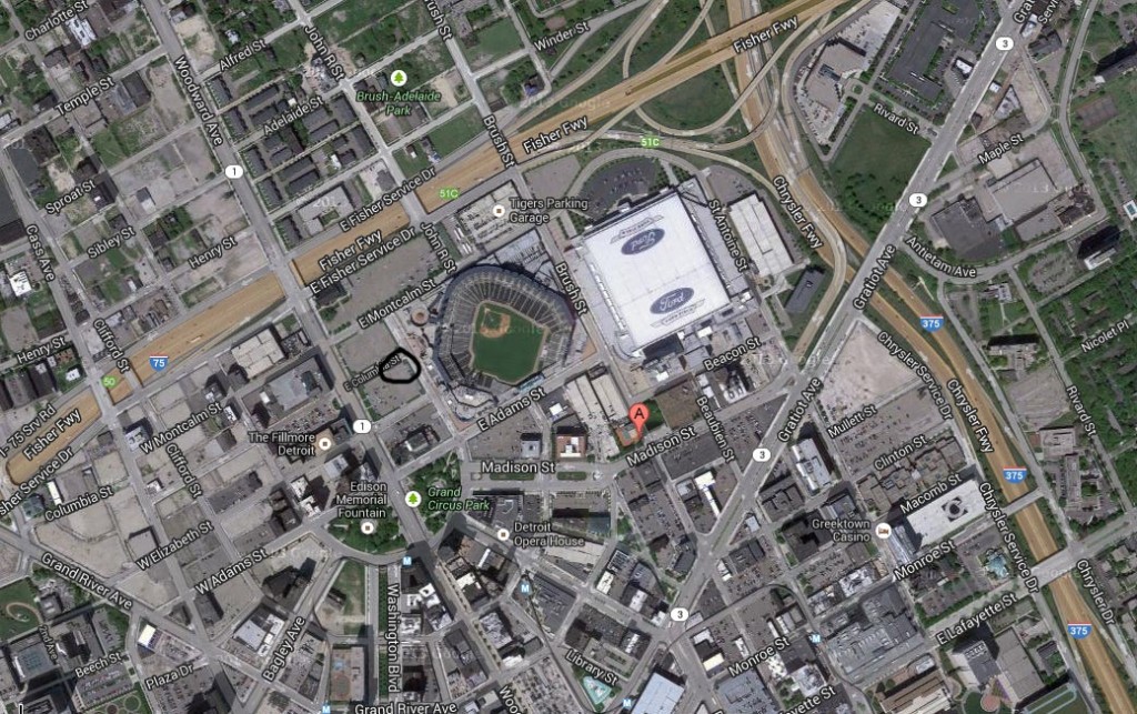 2013: The Gem today, marked by the waypoint "A". It is conveniently located near Ford Field and Comerica Park. The circle to the left of Comerica represents the old location of the Gem.