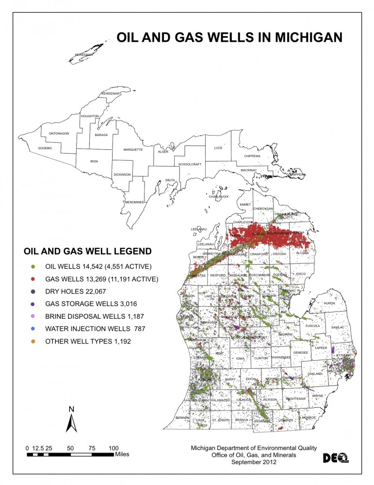 The map above shows the locations of oil and gas wells in the state of Michigan. Click to enlarge. (Image: Michigan Department of Environmental Quality)