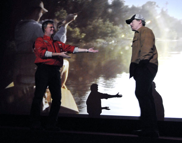 Anglers of the Au Sable president Bruce Pregler introduces filmmaker Robert Thompson, commonly known as RT, at the premier of Thompson’s film The River on April 26 at the Rialto Theater in Grayling, Mich. Image: John Russell; Great Lakes Images