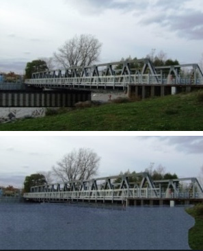 The top photo shows the Irondequoit Bay Outlet Bridge on Lake Ontario with a water level five feet below the average and the bottom photo shows five feet above, as shown on the Lake Level Viewer. Images: Lake Level Viewer