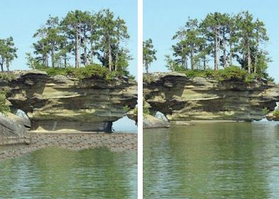 The left photo shows Turnip Rock with a water level six feet below the average and the right photo shows six feet above, as shown on the Lake Level Viewer. Images: Lake Level Viewer