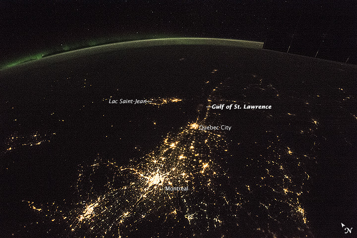 City lights illuminate the metropolitan areas of QuÃ©bec and Montreal along the St. Lawrence. Image: NASA Earth Observatory, Johnson Space Center
