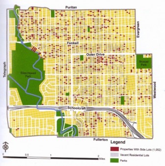 Homeowners who use adjacent lots, creating "blots." Image: Mapping Detroit, courtesy of Detroit Planning and Development; MI Department of Information Technology; Southeast MI Council of Governments; and GoogleMaps 