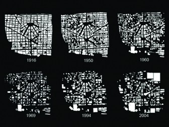 Mapping Detroit’s fragmented downtown through time. Image: Mapping Detroit, courtesy of DTE Energy, Detroit Edison Co., Plunz and Kelbaugh. 