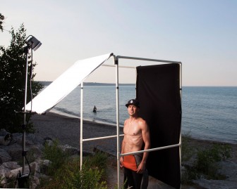 Milwaukee surfer Andrew Wallus is photographed in Kevin Miyazaki's mobile studio. Image: Kevin Miyazaki