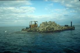 Artificial reef under construction in Lake Erie near Lorrain, Ohio. Image: Ohio Sea Grant