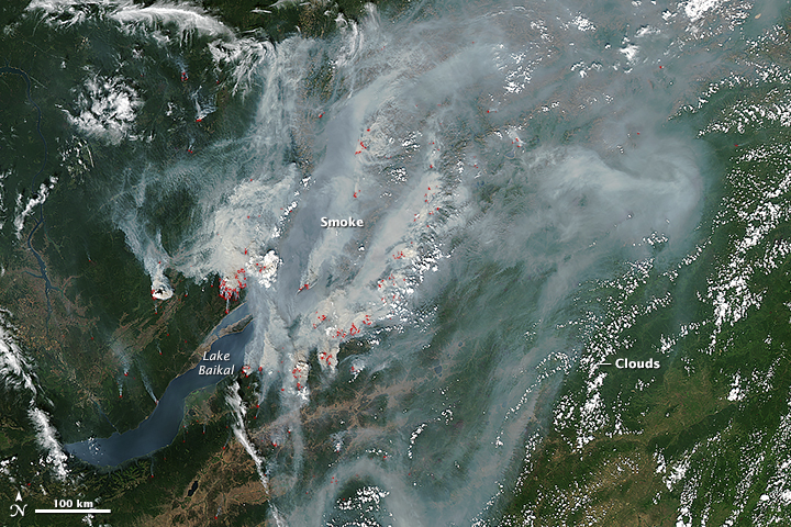 Smoke from forest fires cover Lake Baikal.
