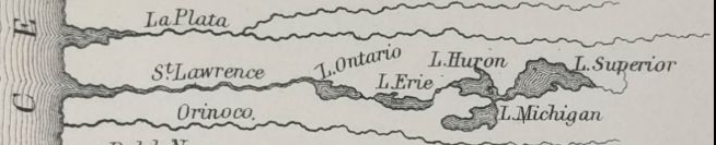This detail from an 1860 world map shows the St. Lawrence River flowing to the west and reverse images of the Great Lakes. 