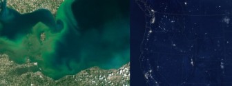 Lake Erie algal bloom in July 2015 (left) and wildfires at night (right). The photos are competing against each other in the first round of NASA's Tournament Earth this year. Image: NASA