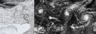 "Baby, It's Cold Outside" (left) and "Trio of Hurricanes Over the Pacific Ocean", its competitor in the first round (right)