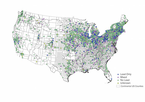 A map plotting counties with lead, non lead and mixed service lines. Image: Joseph Ferrie of Northwestern University and Werner Troesken of University of Pittsburgh