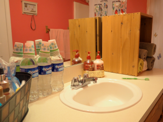Water bottles line the mirror of the Garcias' guest bathroom. Image: Amanda Proscia