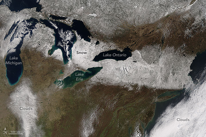 An image of snow dropped from a recent snowstorm in the Upper Midwest. Image: NASA