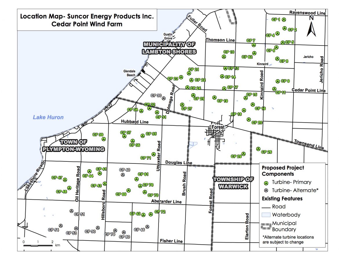 The Cedar Point Wind Power Project operates in three Lambton County municipalities: Warwick, Lambton Shores and Plympton-Wyoming. The project area is about 40 kilometers (25 miles) northeast of Sarnia, Ontario. Image: Suncor Energy