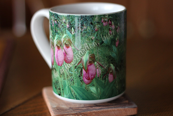 Carlson makes a living selling his nature photography, including photos of Michigan’s native orchid species. The image on the coffee mug is one of his oldest shots of pink lady slippers. Image: Karen Hopper Usher