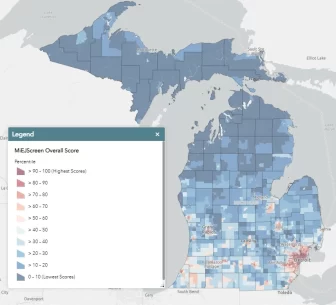 ENVIRO JUSTICE DATA MAP: MiEJScreen is an online tool that maps how health and socioeconomic factors intersect with environmental contamination. Source: Michigan Department of Environment, Great Lakes and Energy