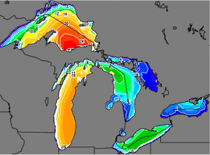 The retrospective simulation of the Great Lakes Storm of 1913 shows wave heights during the peak of the storm. Click on the picture to see it in action. Photo: National Oceanic and Atmospheric Administration