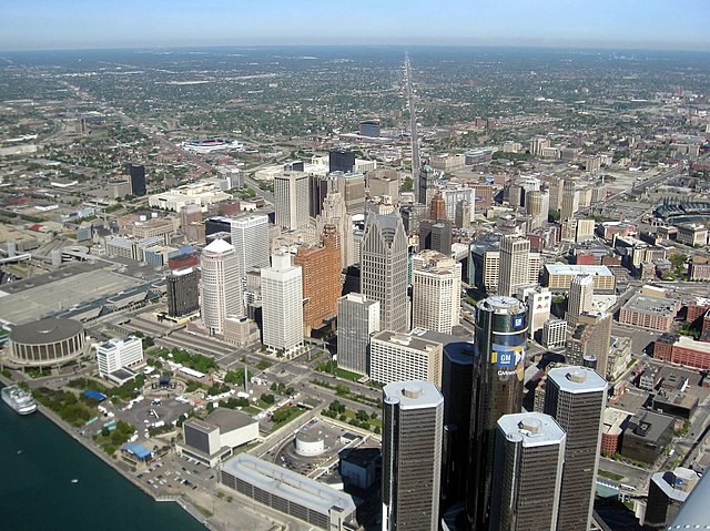 A photo showing the downtown area of Detroit from above