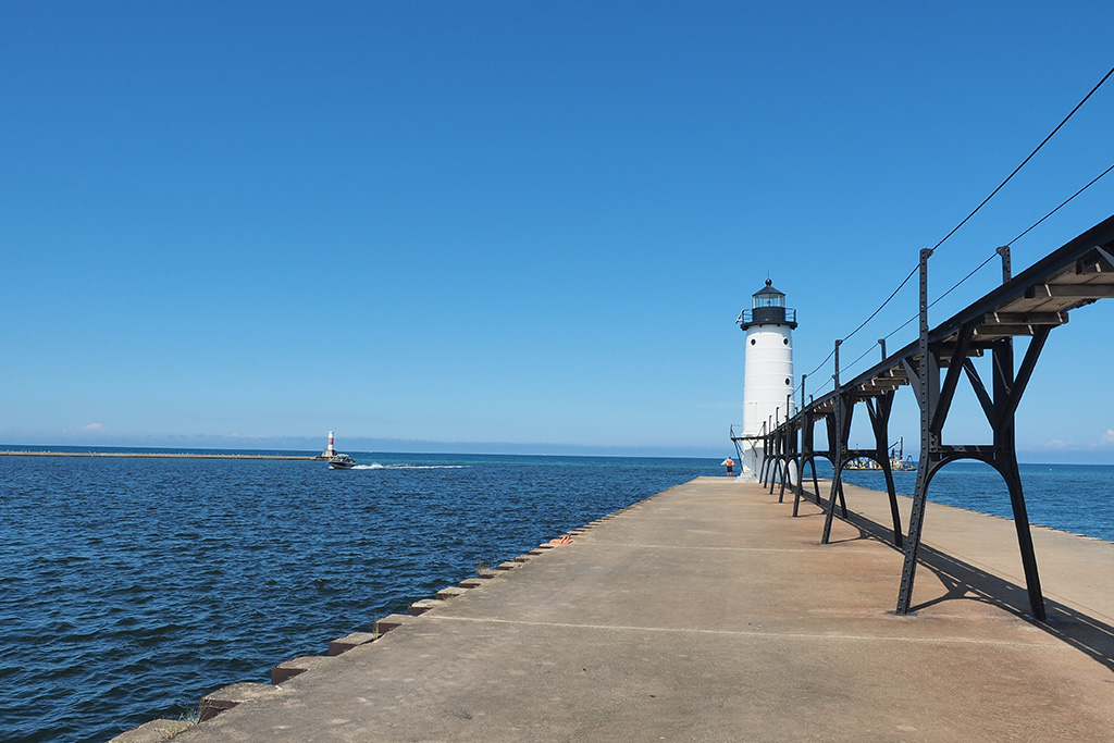 A view of North Pierhead Lighthouse and its docks