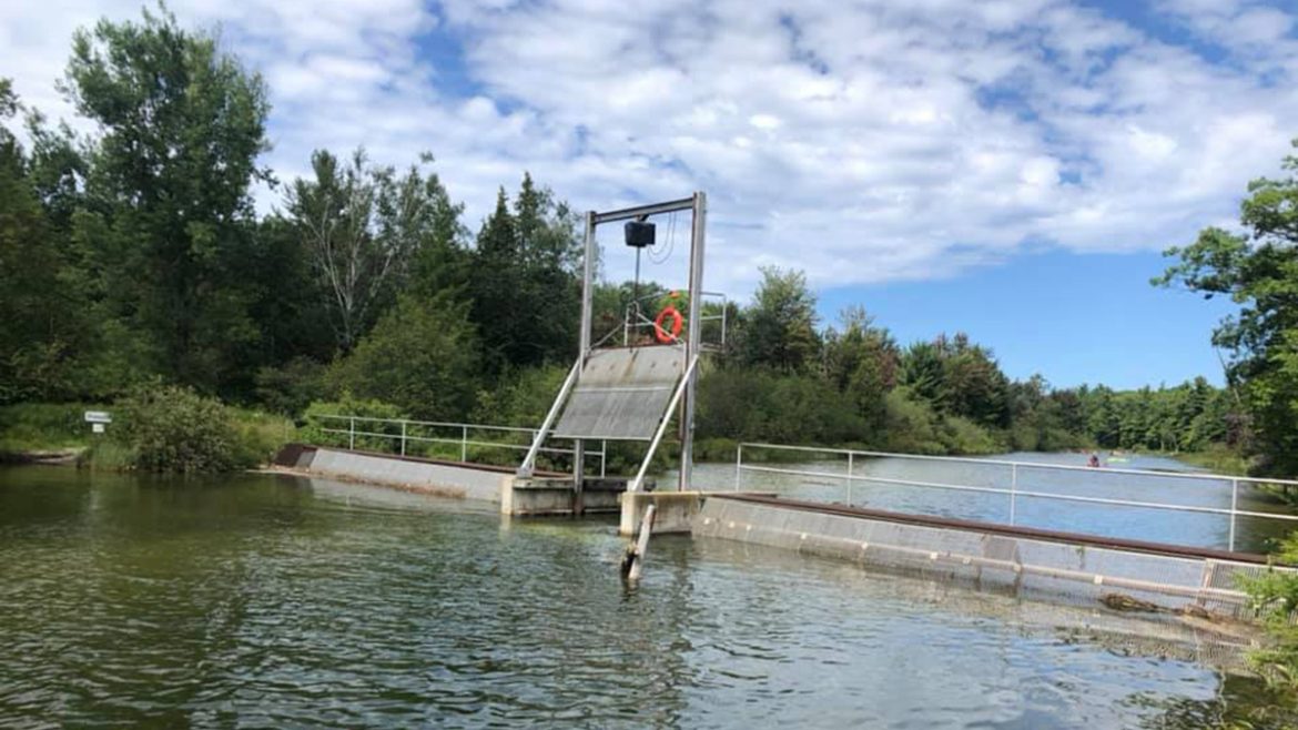 A weir holds in fish at a hatchery at the Platte River