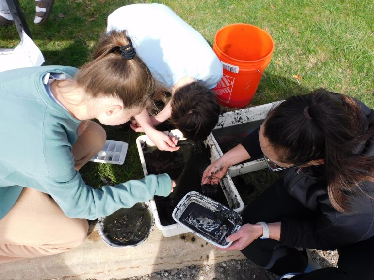 Three high school students looking at pond samples.