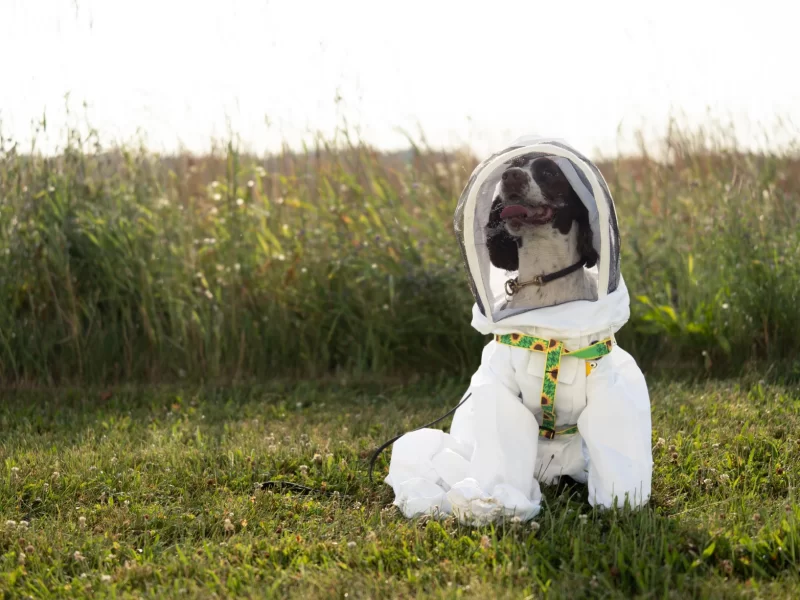 Dog wearing a beekeeping suit in a field