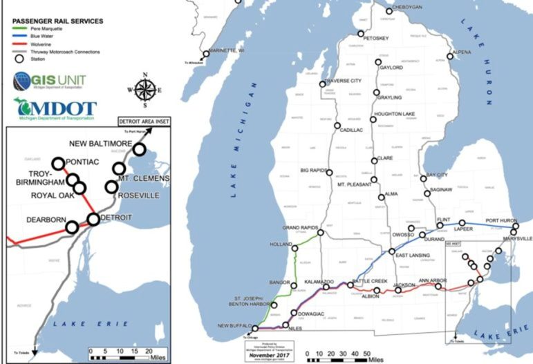Map of passenger rail routes in Michigan