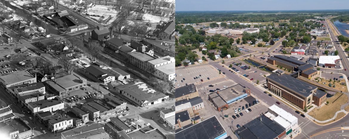 A side-by-side of the historic Portage Canal and modern Portage Canal from an aerial view.
