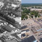 A side-by-side of the historic Portage Canal and modern Portage Canal from an aerial view.