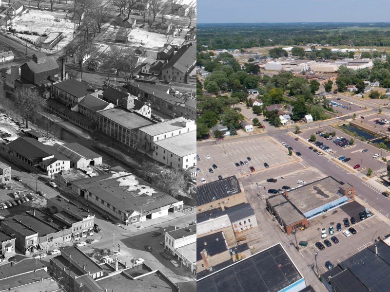 A side-by-side of the historic Portage Canal and modern Portage Canal from an aerial view.