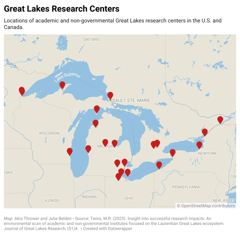 Map of the Great Lakes region showing the locations of Great Lakes-focused research centers. Most are in Michigan. 