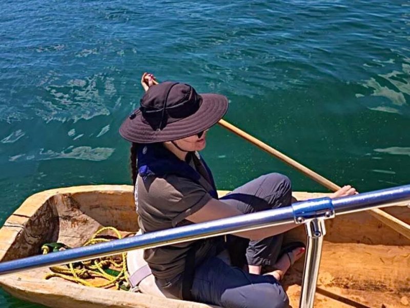 Miranda Wāqsanāhkuhkiw in a canoe.