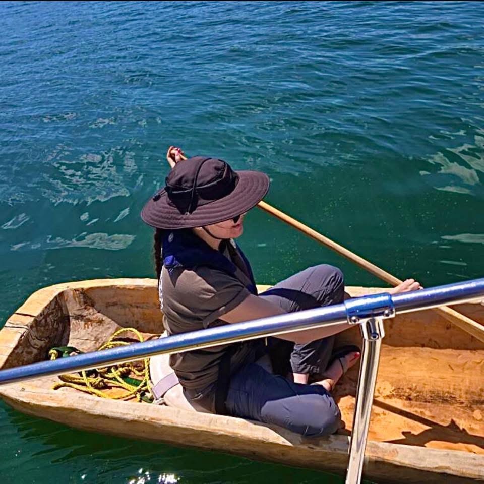 Miranda Wāqsanāhkuhkiw in a canoe.