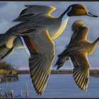 A stamp featuring flying ducks.