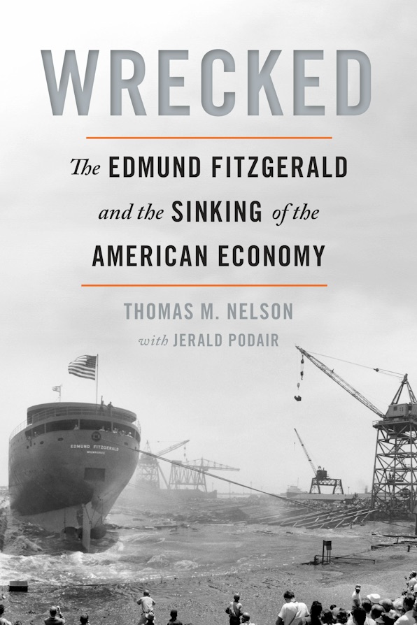 The cover of "Wrecked," featuring a black and white photo of a shipyard.